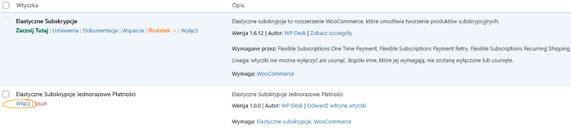 Zrzut ekranu pokazujący, jak włączyć dodatek Flexible Subscriptions One Time Payment w panelu WordPressa.